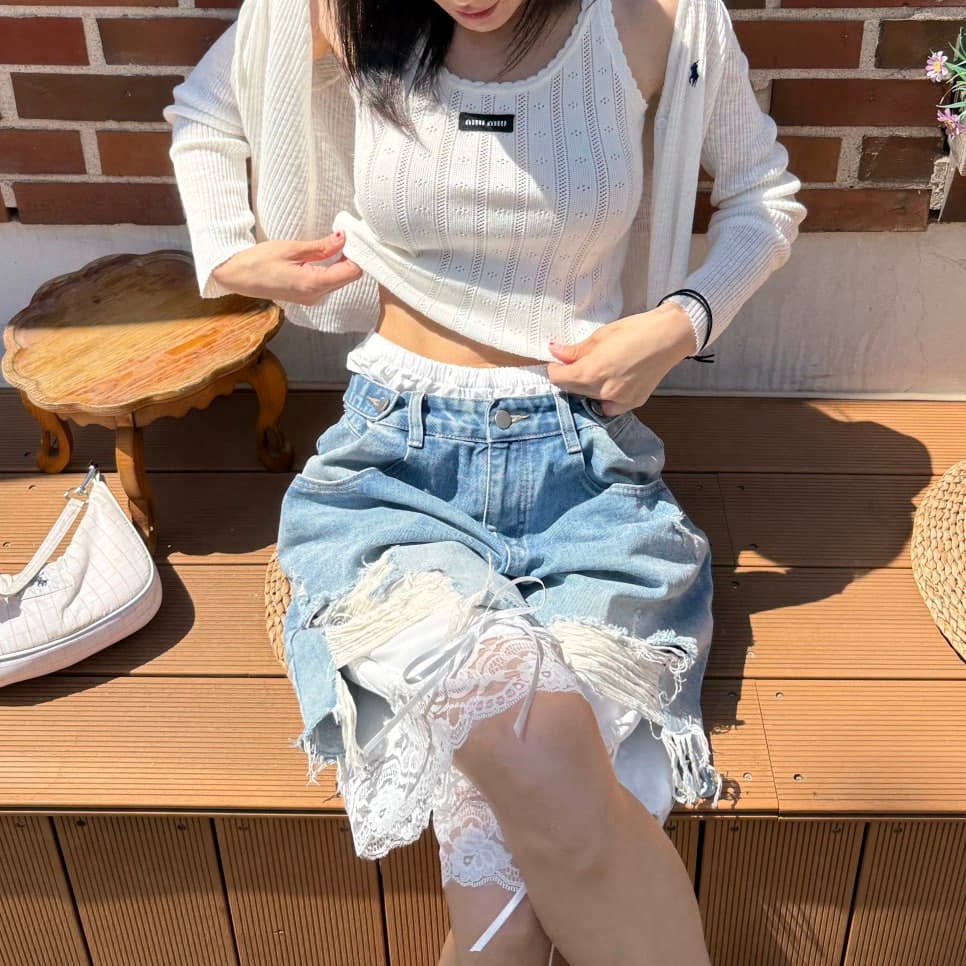 웨이 바지 허리 머리 바지 측면 레이스 조각 찢어진 부분 데님 바지 반바지 상세 이미지 27