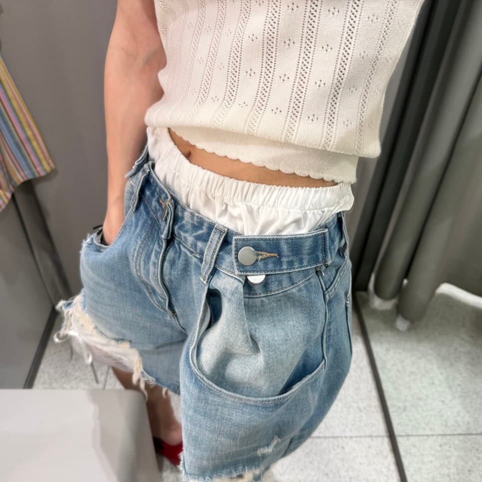 웨이 바지 허리 머리 바지 측면 레이스 조각 찢어진 부분 데님 바지 반바지 상세 이미지 33