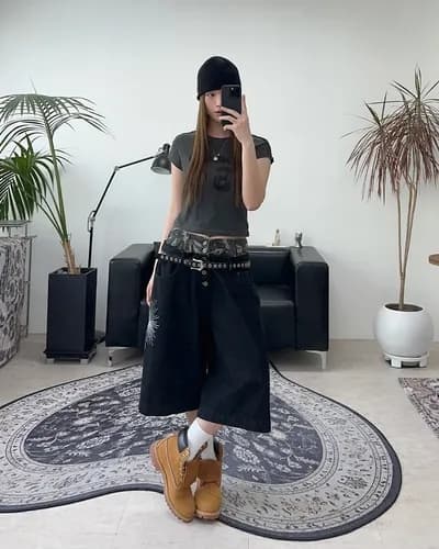 카모플라주 허리 머리 패치워크 태양 꽃 자수 7 점 데님 반바지 상세 이미지 4