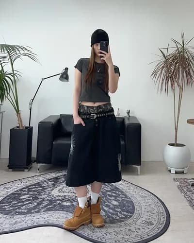 카모플라주 허리 머리 패치워크 태양 꽃 자수 7 점 데님 반바지 상세 이미지 5