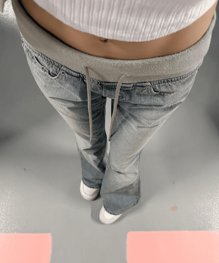 지금 세련된 복잡한 허리밴드 리브 허리 머리 캐주얼 청바지 상세 이미지 2