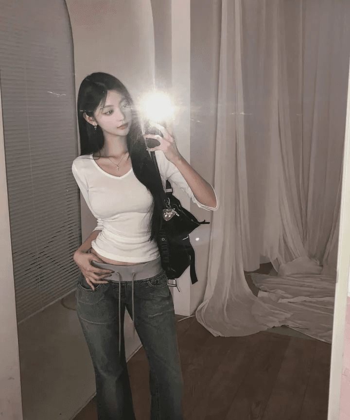 지금 세련된 복잡한 허리밴드 리브 허리 머리 캐주얼 청바지 상세 이미지 4