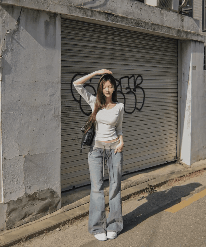 지금 세련된 복잡한 허리밴드 리브 허리 머리 캐주얼 청바지 상세 이미지 10