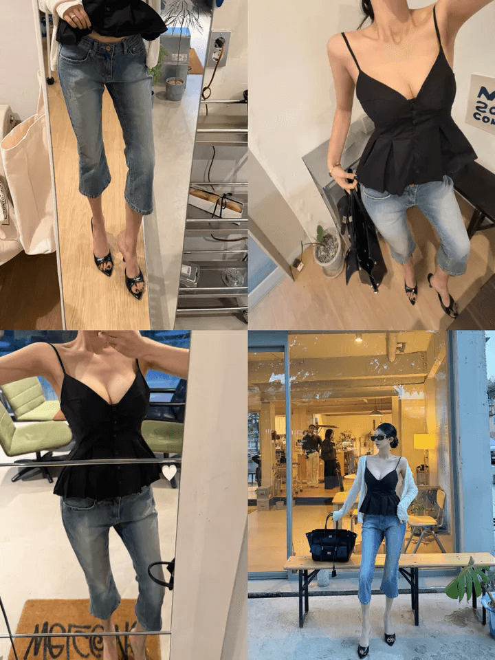 지금 66893# 워싱 마 오래된 몸매 가꾸기 신축성 데님 7부 바지 바지 이미지 3