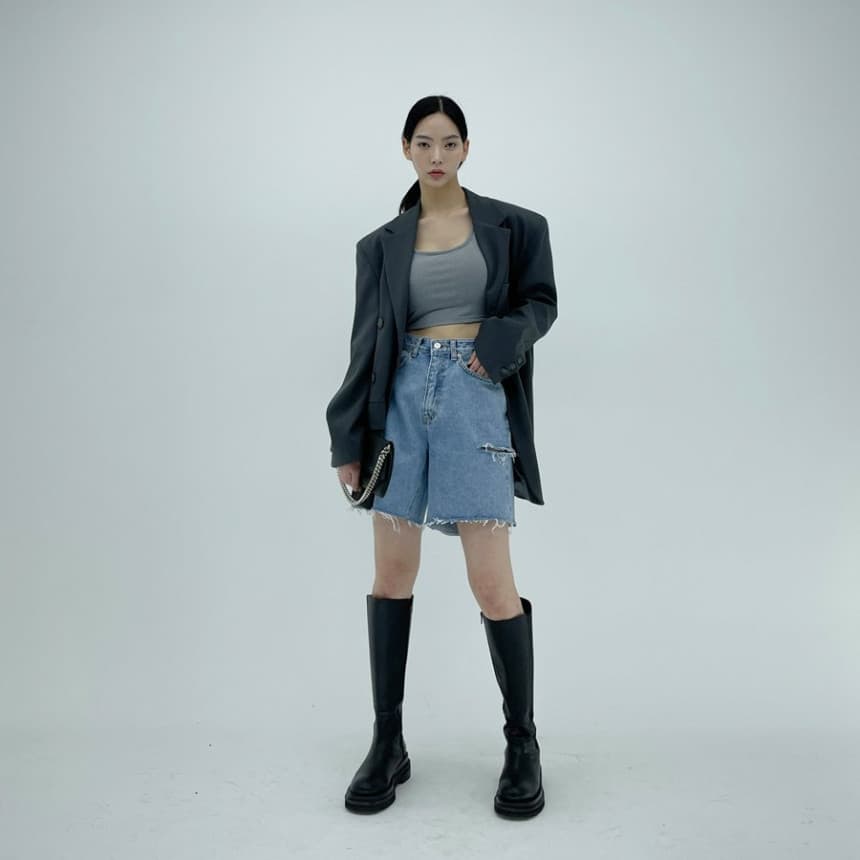 지금 워시 물 하이웨이스트 찢어진 부분 데님 오부 바지 거친 가장자리 넓은 다리가 짧다. 바지 여성 상세 이미지 10