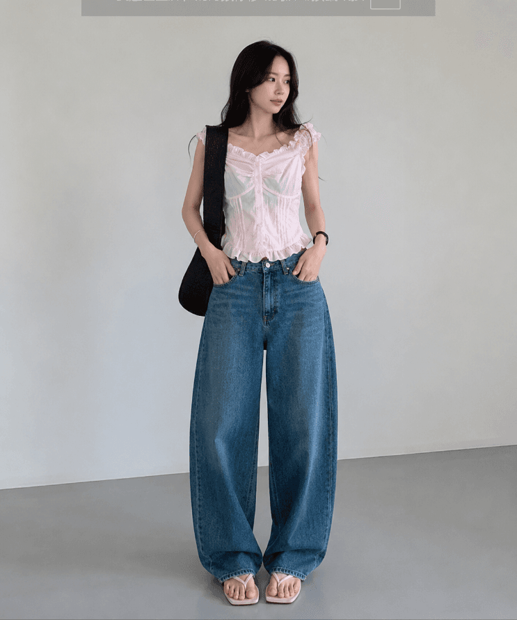 지금 레트로 파란색 루즈핏 다용도 기초 섹션 넓은 다리 청바지 상세 이미지 2