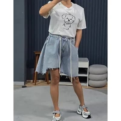 지금 여름 펌프 로프 하이웨이스트 거친 가장자리 자르기 스트레이트 캐주얼 데님 반바지 상세 이미지 1