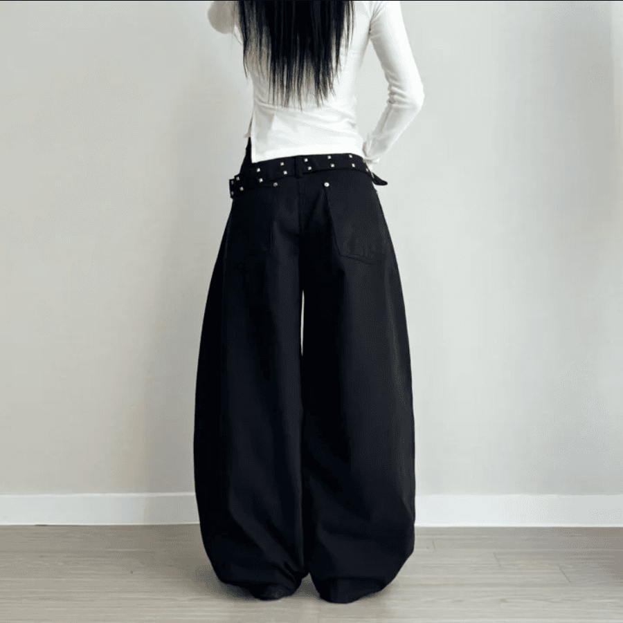 지금 레트로 징 뒤에 벨트 디자인 넓은 다리 루즈핏 청바지 상세 이미지 6