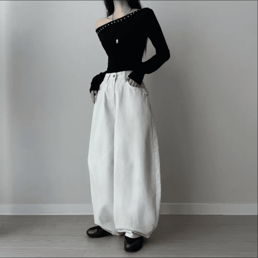지금 레트로 징 뒤에 벨트 디자인 넓은 다리 루즈핏 청바지 상세 이미지 12