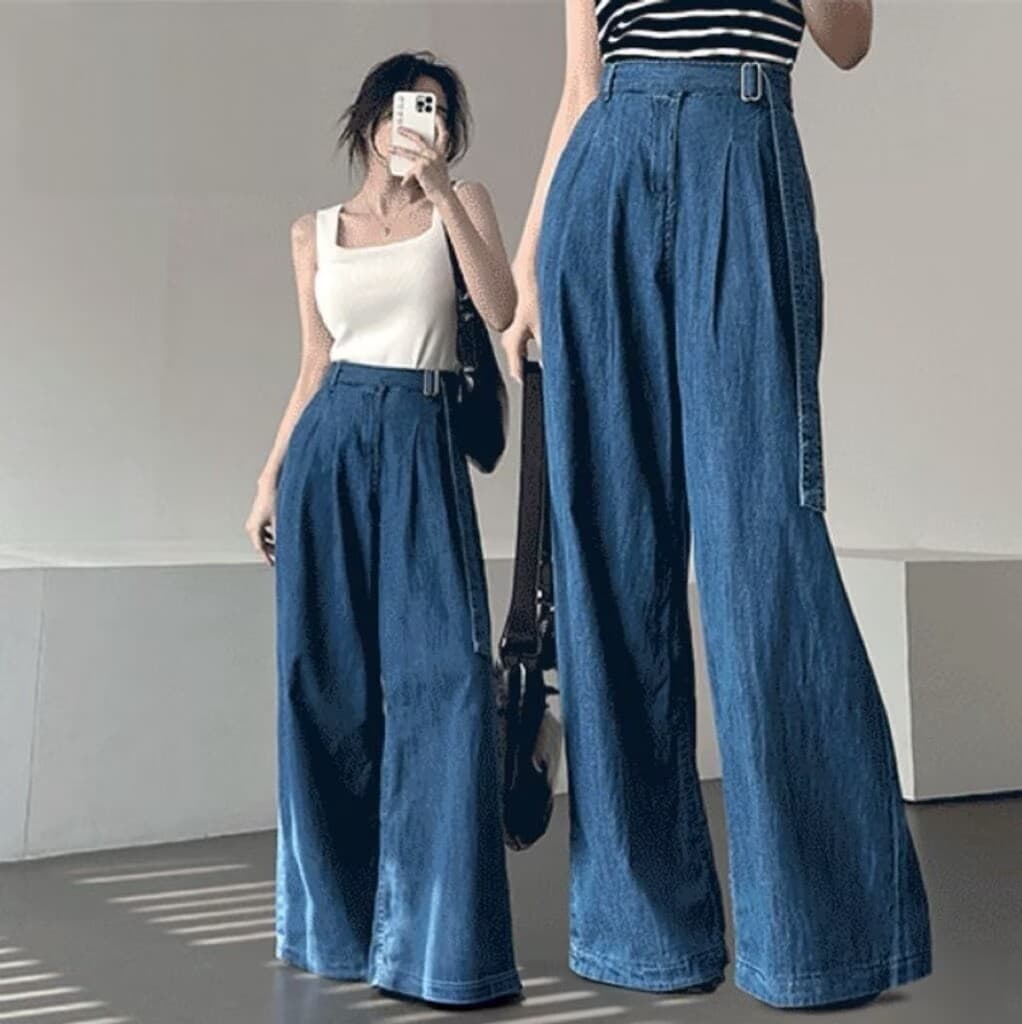 허리 패치워크 경기 트루 컬러 벨트 캐주얼 와이드 레그 팬츠 여름