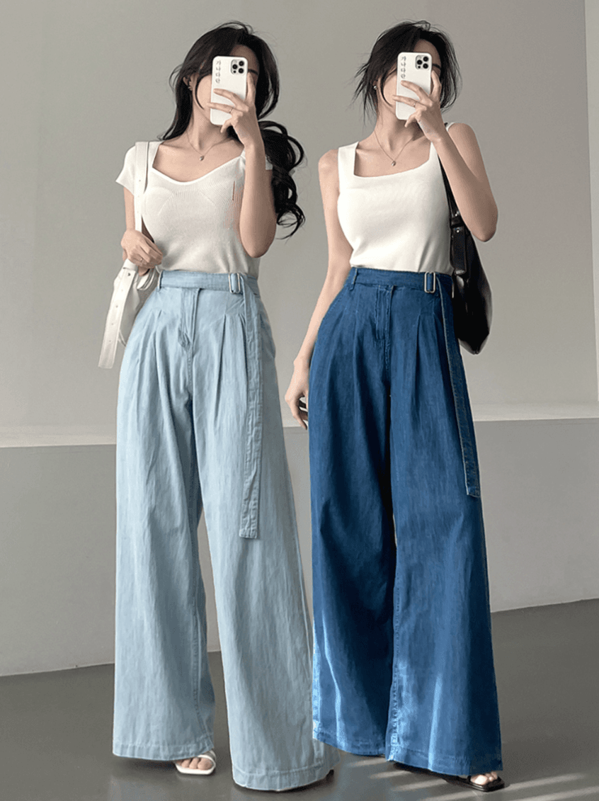 허리 패치워크 경기 트루 컬러 벨트 캐주얼 와이드 레그 팬츠 여름 이미지 2