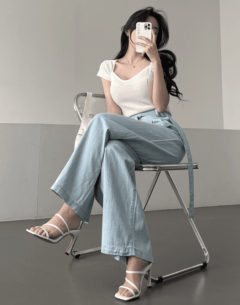 허리 패치워크 경기 트루 컬러 벨트 캐주얼 와이드 레그 팬츠 여름 이미지 4