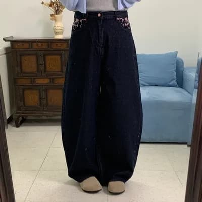 지금 핑크색 꽃 루즈핏 넓은 다리 청바지 이미지 2