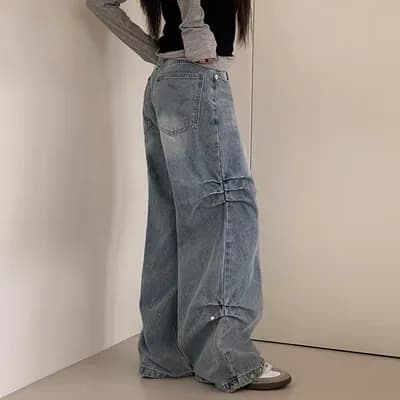 삼색 지금 캐주얼 징 주름 넓은 다리 청바지 이미지 2