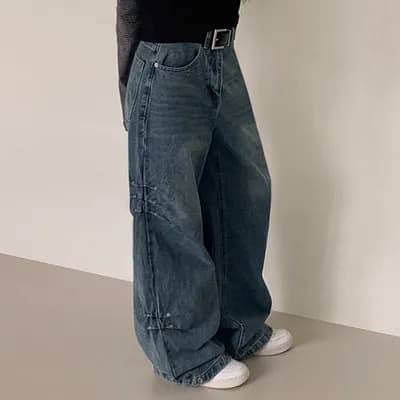삼색 지금 캐주얼 징 주름 넓은 다리 청바지 이미지 3