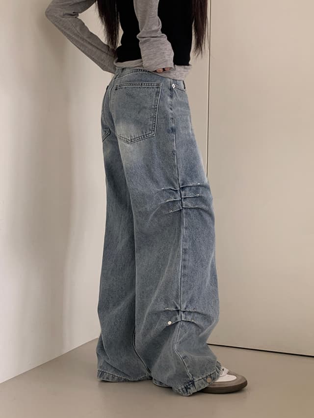 삼색 지금 캐주얼 징 주름 넓은 다리 청바지 상세 이미지 9
