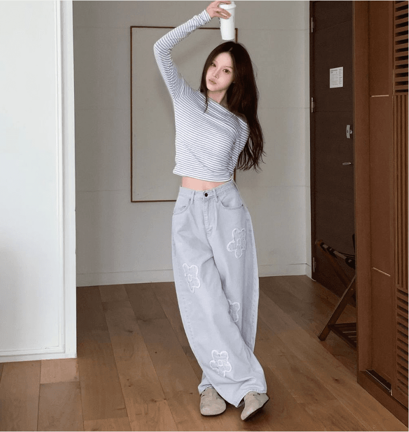 지금 작은 대중 잘 생긴 트렌디 차가운 자수 거친 가장자리 꽃 프로필 모양 캐주얼 긴 바지 여성 이미지 4