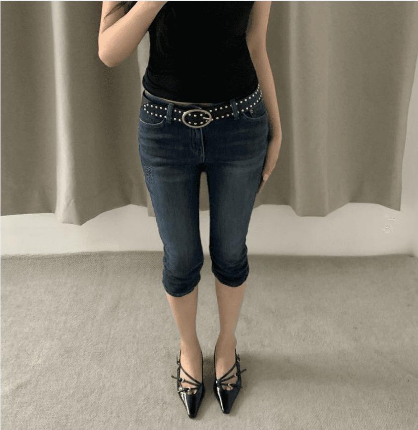 대 물품 있음 밖으로 다용도 타이트 팬츠 바닥 주름 디자인 무릎 아래 데님 7 점 반바지