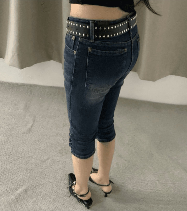 대 물품 있음 밖으로 다용도 타이트 팬츠 바닥 주름 디자인 무릎 아래 데님 7 점 반바지 이미지 3