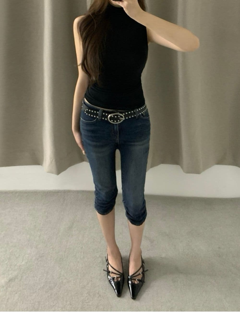 대 물품 있음 밖으로 다용도 타이트 팬츠 바닥 주름 디자인 무릎 아래 데님 7 점 반바지 상세 이미지 3