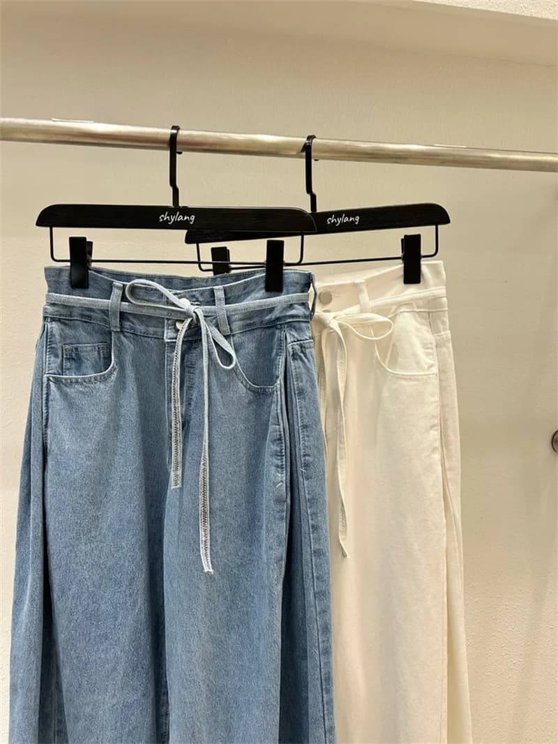 지금 세련된 연령 감소 벨트 포함 Pleat 라인 워싱 루즈핏 스트레이트 청바지 상세 이미지 18