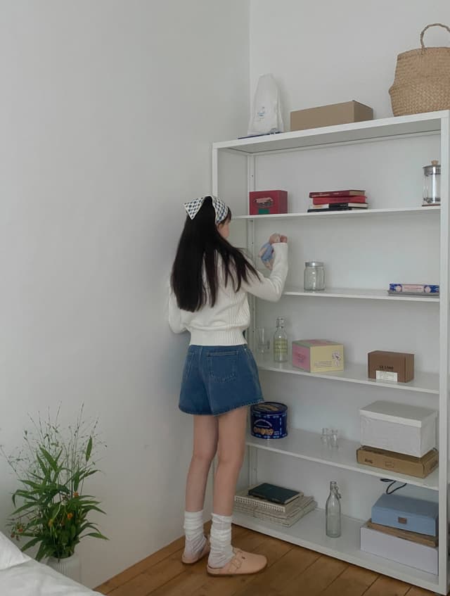 지금 하이웨이스트 미니멀리즘 나팔 넓은 다리 바늘 Pleat 단색 데님 반바지 상세 이미지 5