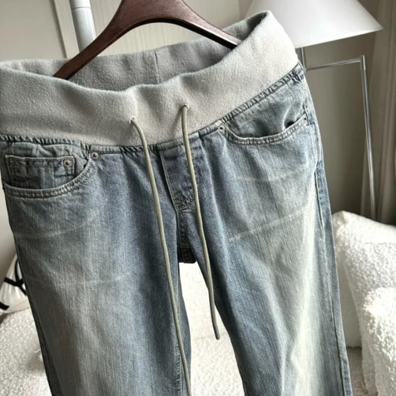 지금 얇은 스타일 원단 세련된 복잡한 허리밴드 리브 허리 머리 캐주얼 청바지 이미지 5