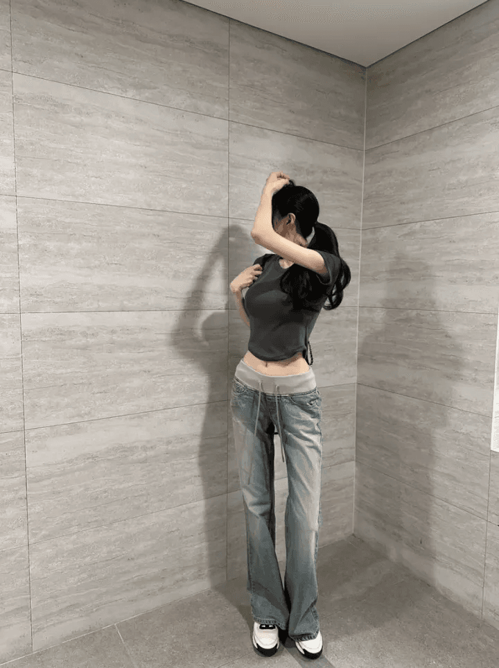 지금 얇은 스타일 원단 세련된 복잡한 허리밴드 리브 허리 머리 캐주얼 청바지 상세 이미지 5