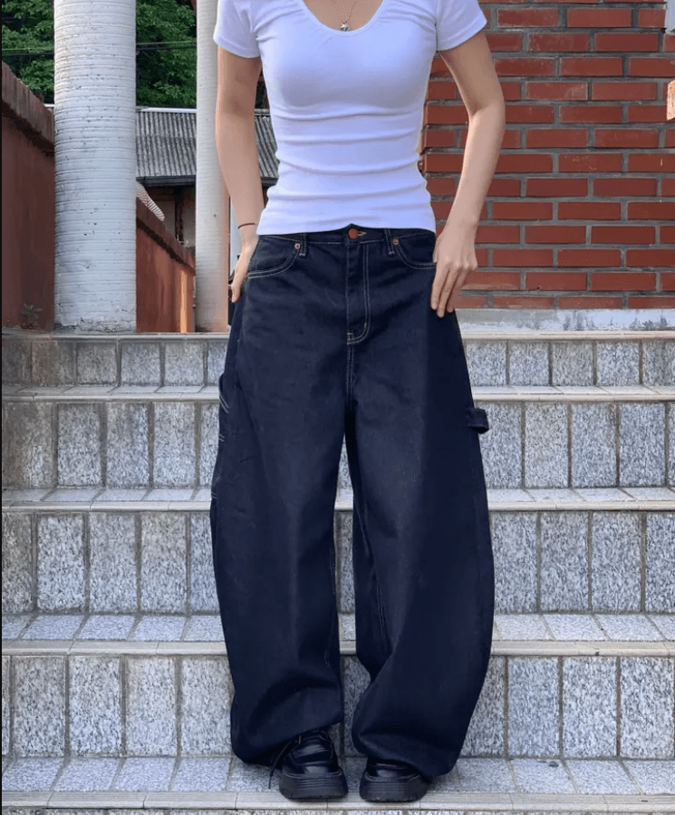 지금 단색 레트로 펌프 로프 하트 주머니 워크웨어 스트레이트 루즈핏 데님 긴 바지 이미지 4