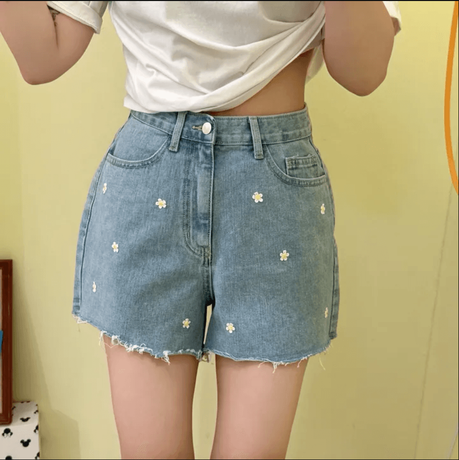 샤오주 꽃 자수 루즈핏 거친 가장자리 데님 반바지 상세 이미지 1