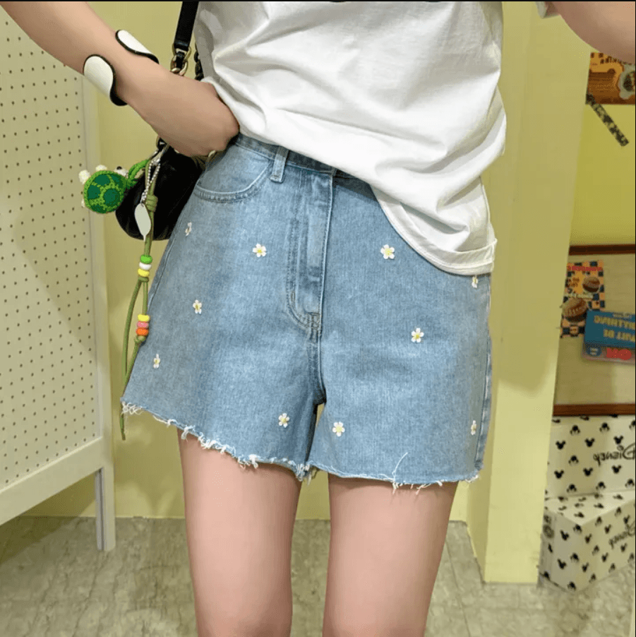 샤오주 꽃 자수 루즈핏 거친 가장자리 데님 반바지 상세 이미지 4