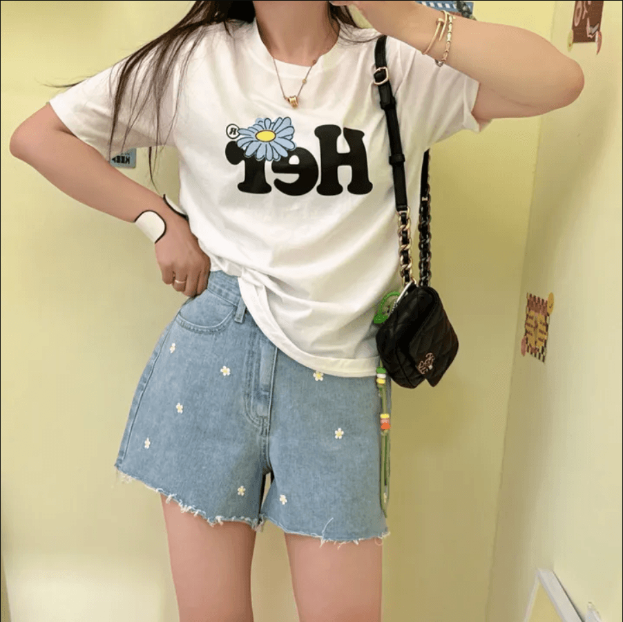 샤오주 꽃 자수 루즈핏 거친 가장자리 데님 반바지 상세 이미지 5
