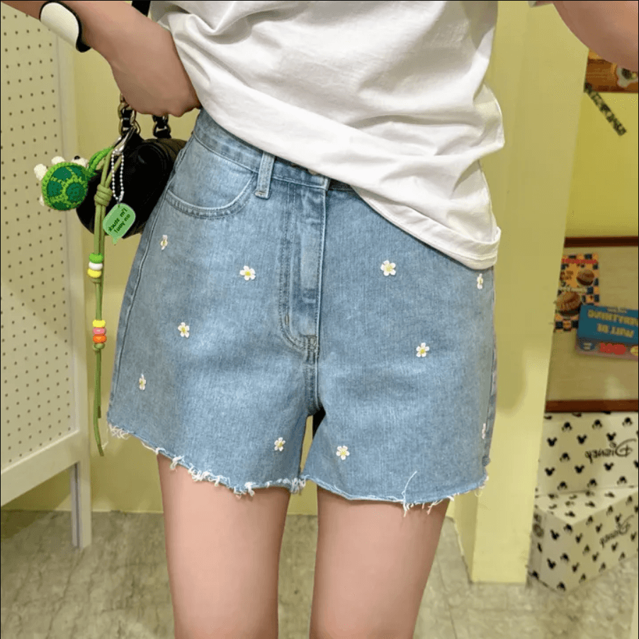샤오주 꽃 자수 루즈핏 거친 가장자리 데님 반바지 상세 이미지 6