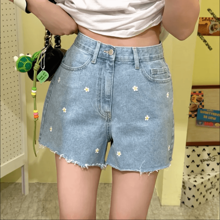 샤오주 꽃 자수 루즈핏 거친 가장자리 데님 반바지 상세 이미지 7