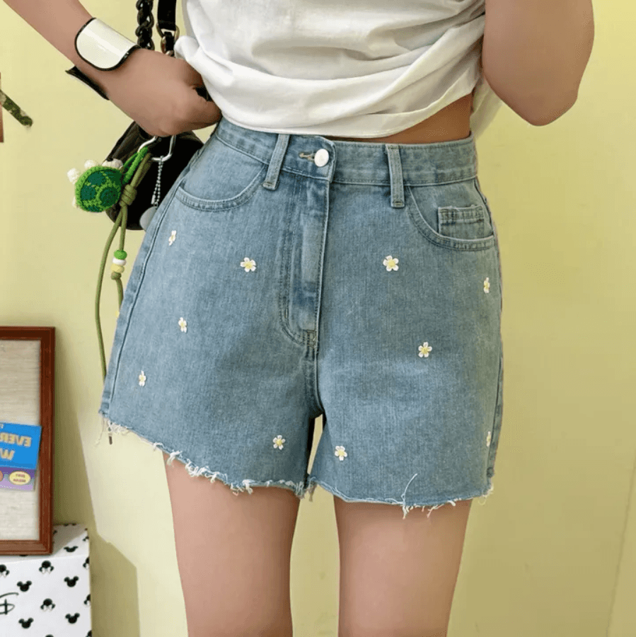 샤오주 꽃 자수 루즈핏 거친 가장자리 데님 반바지 상세 이미지 9