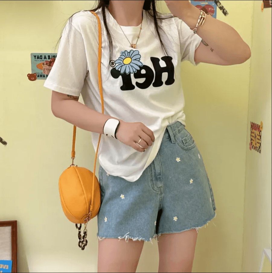 샤오주 꽃 자수 루즈핏 거친 가장자리 데님 반바지 상세 이미지 11