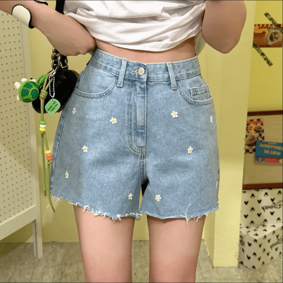 샤오주 꽃 자수 루즈핏 거친 가장자리 데님 반바지 상세 이미지 12