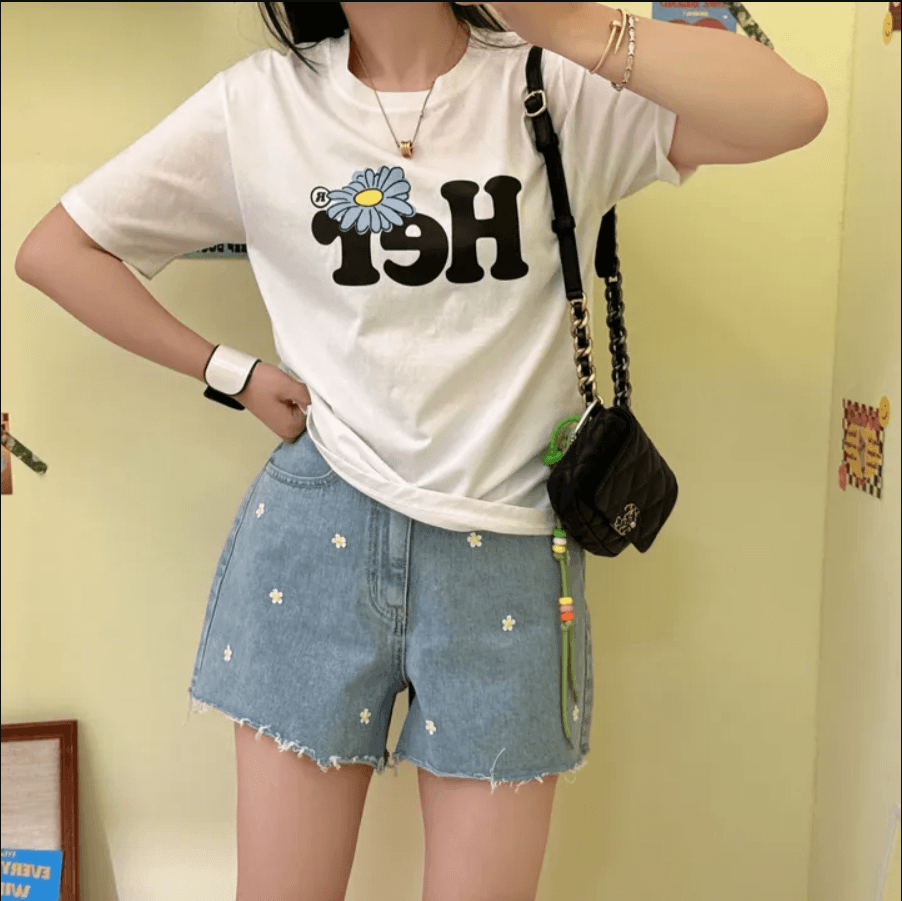 샤오주 꽃 자수 루즈핏 거친 가장자리 데님 반바지 상세 이미지 13