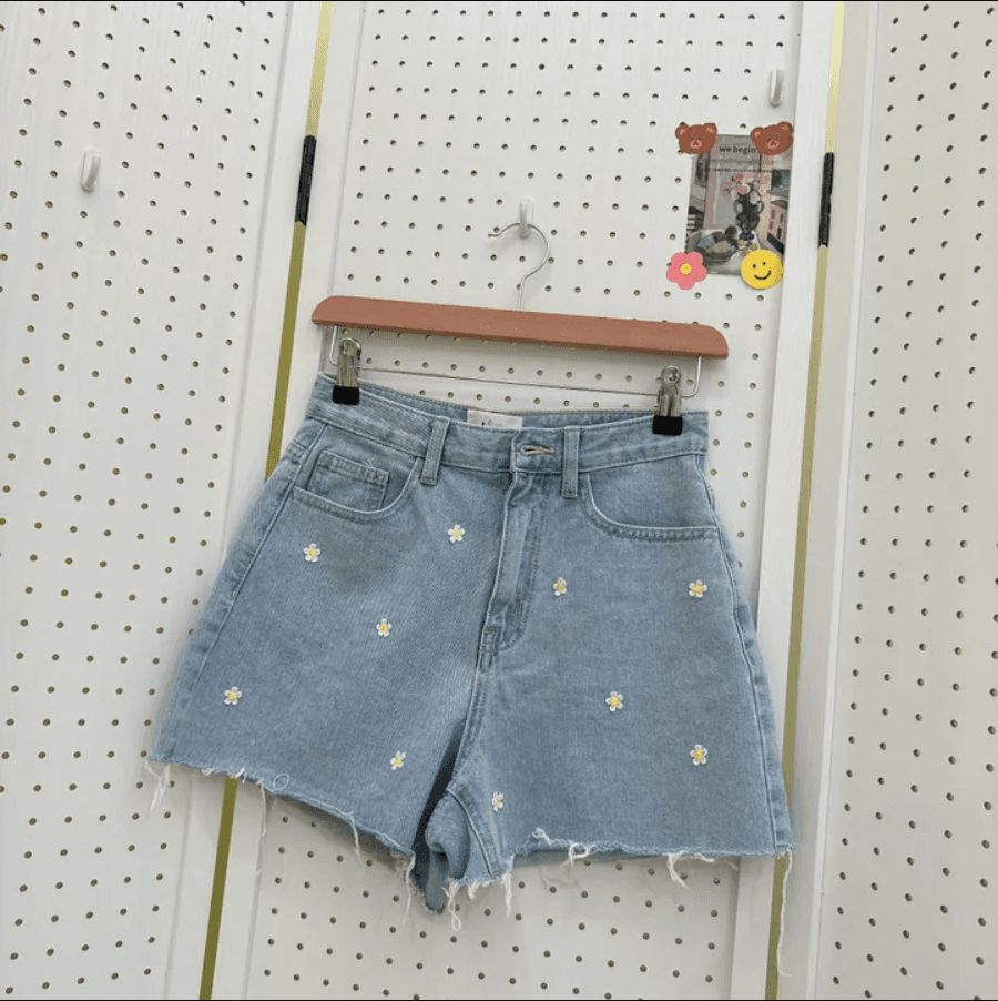 샤오주 꽃 자수 루즈핏 거친 가장자리 데님 반바지 상세 이미지 16