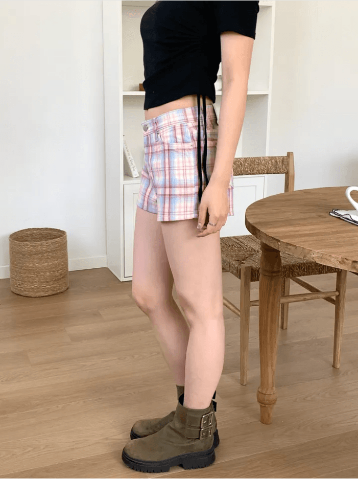 워싱 체크무늬 색상 다용도 캐주얼 반바지 상세 이미지 33