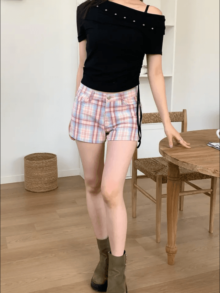 워싱 체크무늬 색상 다용도 캐주얼 반바지 상세 이미지 37