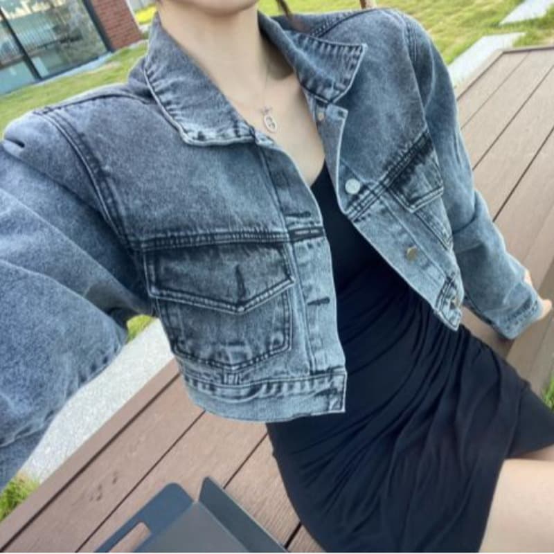 지금 트렌디 차가운 레트로 워싱 폴로 칼라 더블 주머니 데님 재킷 이미지 4