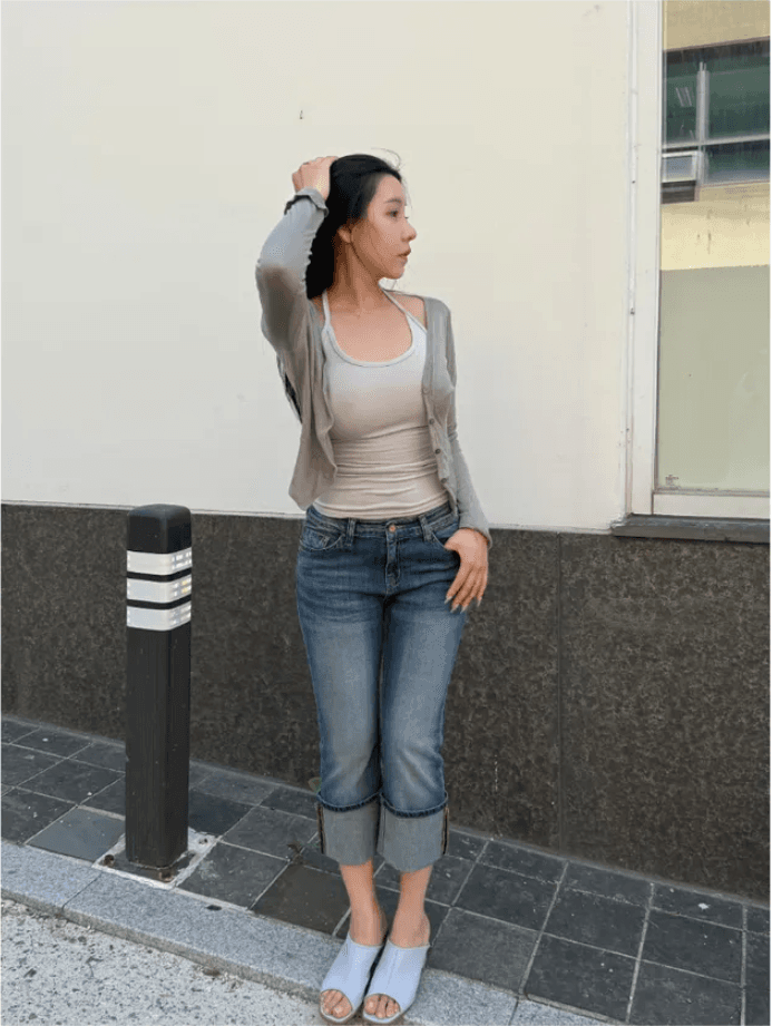 로우 웨이스트 볼륨 측면 7 점 데님 반바지 상세 이미지 4