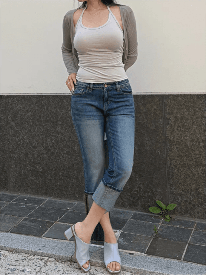 로우 웨이스트 볼륨 측면 7 점 데님 반바지 상세 이미지 6