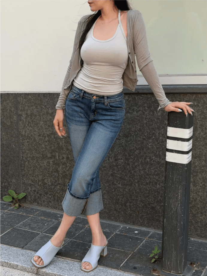 로우 웨이스트 볼륨 측면 7 점 데님 반바지 상세 이미지 8