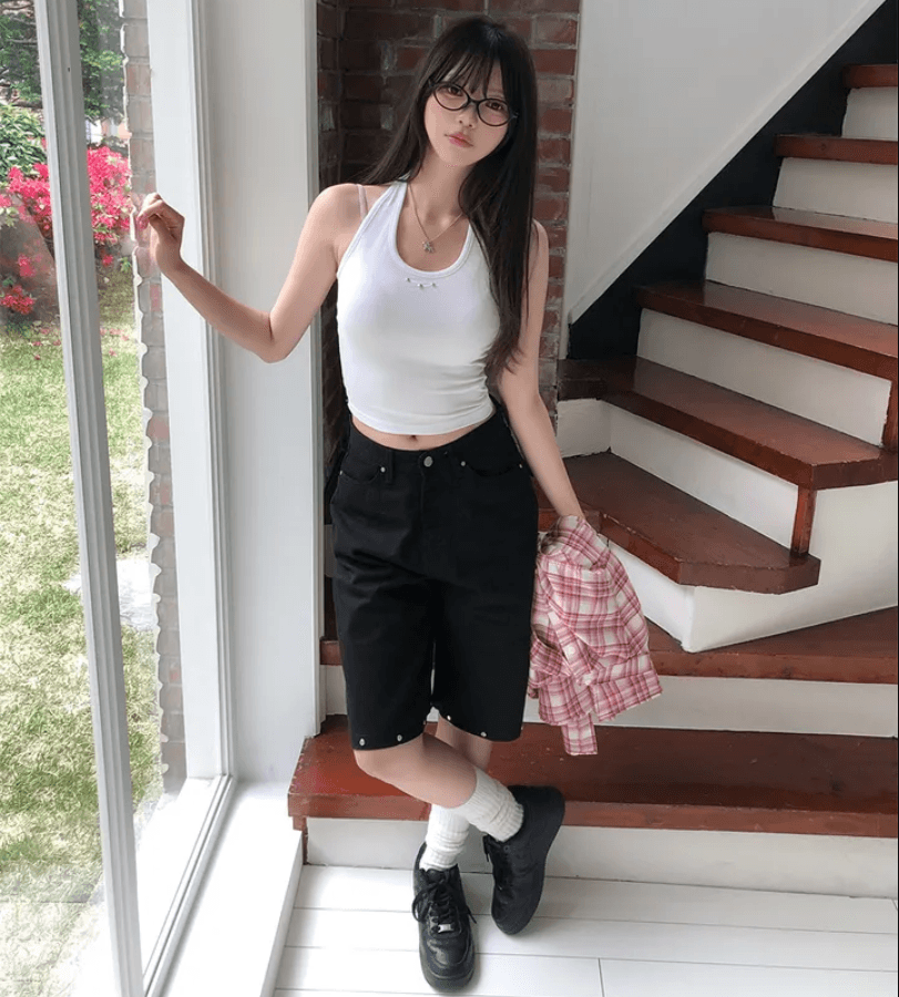 지금 버드 나무 못 장식 측면 루즈핏 넓은 다리 5 점 데님 반바지 상세 이미지 12