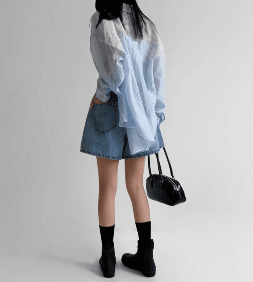4 가지 색상 지금 26 레트로 워싱 바늘 Pleat 루즈핏 마 오래된 넓은 다리 데님 반바지 상세 이미지 3
