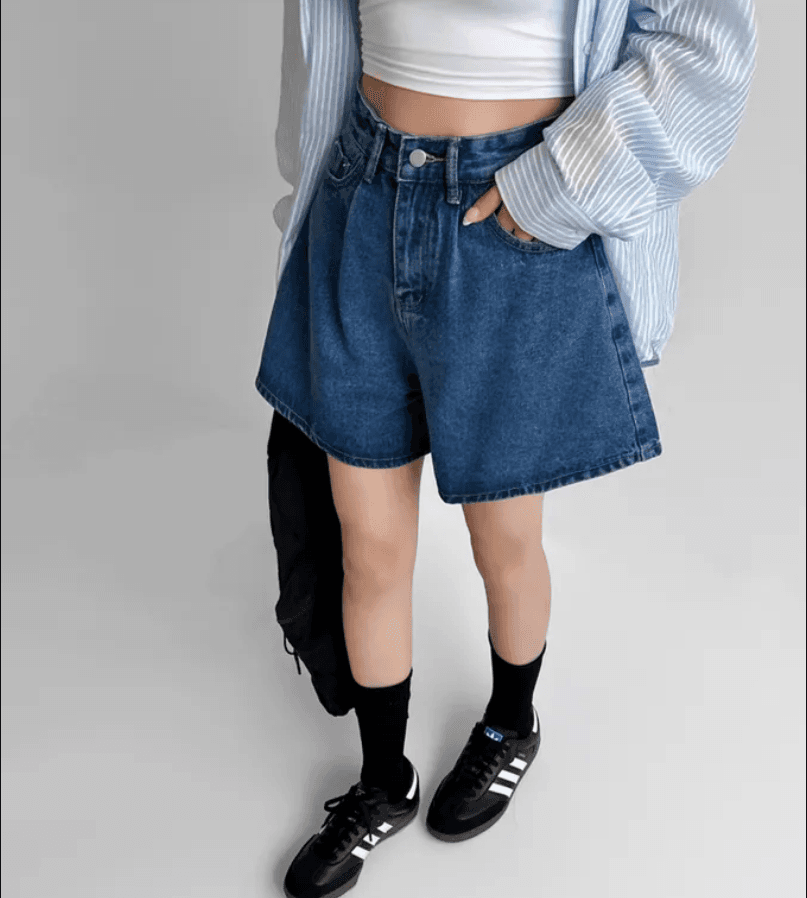 4 가지 색상 지금 26 레트로 워싱 바늘 Pleat 루즈핏 마 오래된 넓은 다리 데님 반바지 상세 이미지 12
