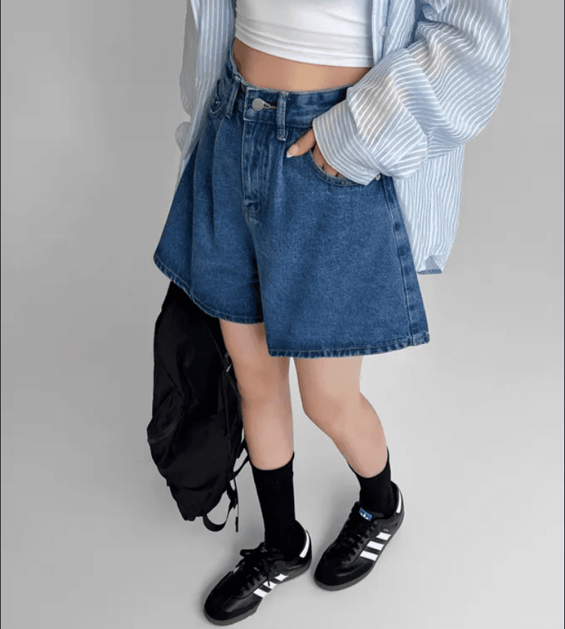 4 가지 색상 지금 26 레트로 워싱 바늘 Pleat 루즈핏 마 오래된 넓은 다리 데님 반바지 상세 이미지 13