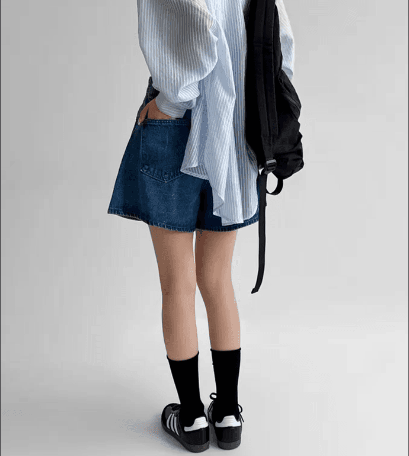 4 가지 색상 지금 26 레트로 워싱 바늘 Pleat 루즈핏 마 오래된 넓은 다리 데님 반바지 상세 이미지 15